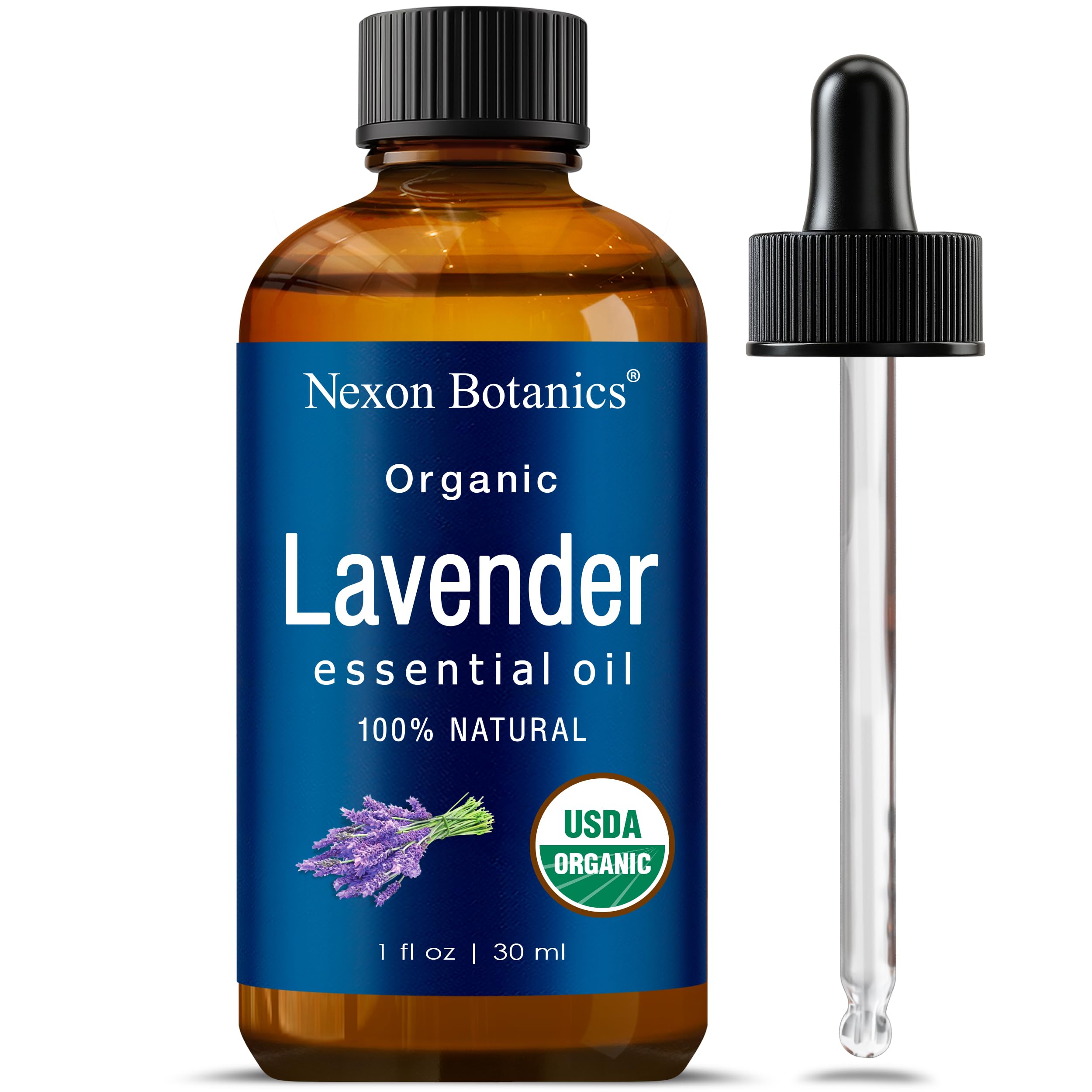 Nexon Botanics frasco frontal de aceite de lavanda mostrando etiqueta orgánica