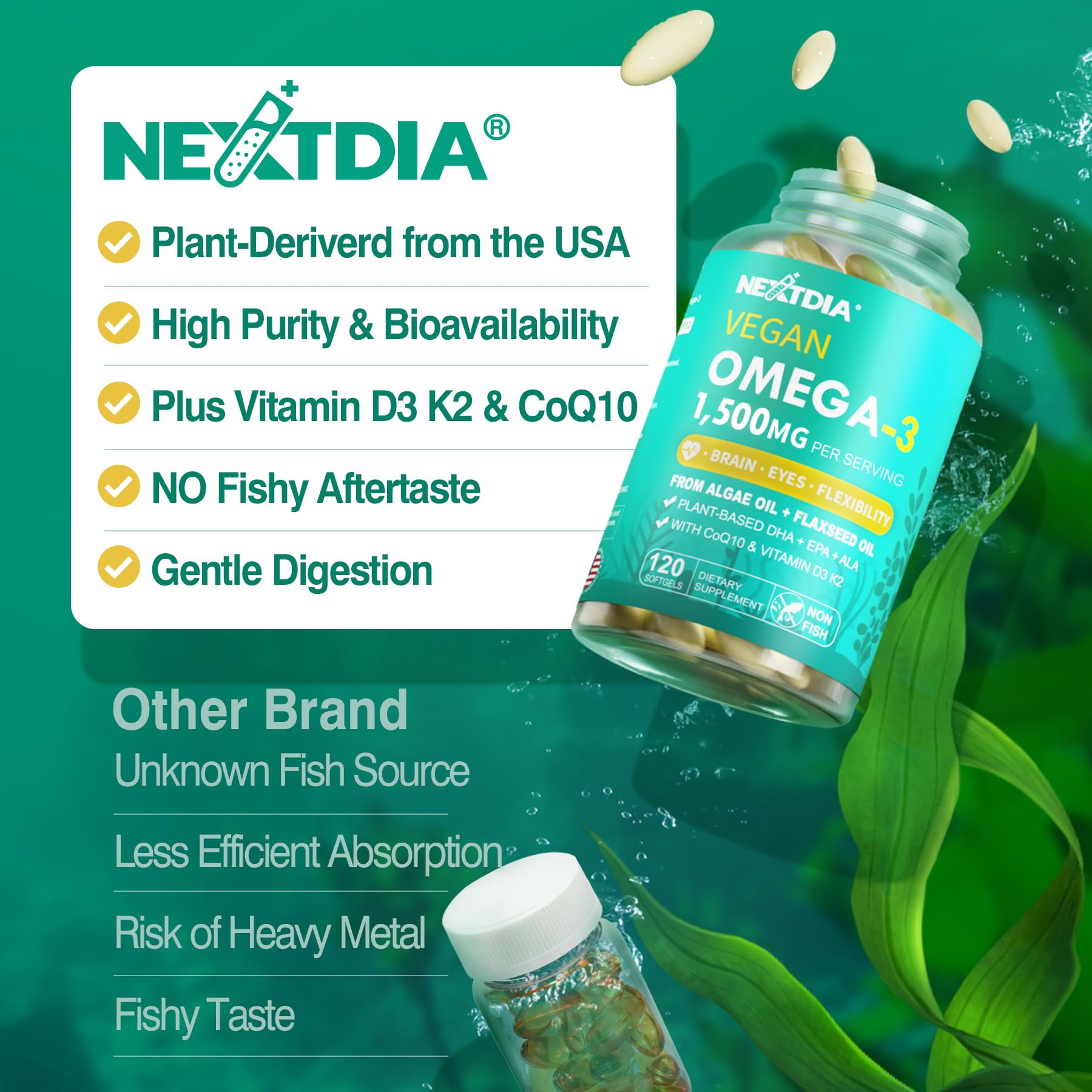 Nextdia imagen macro destacando CoQ10 y vitaminas D3 K2 en la fórmula