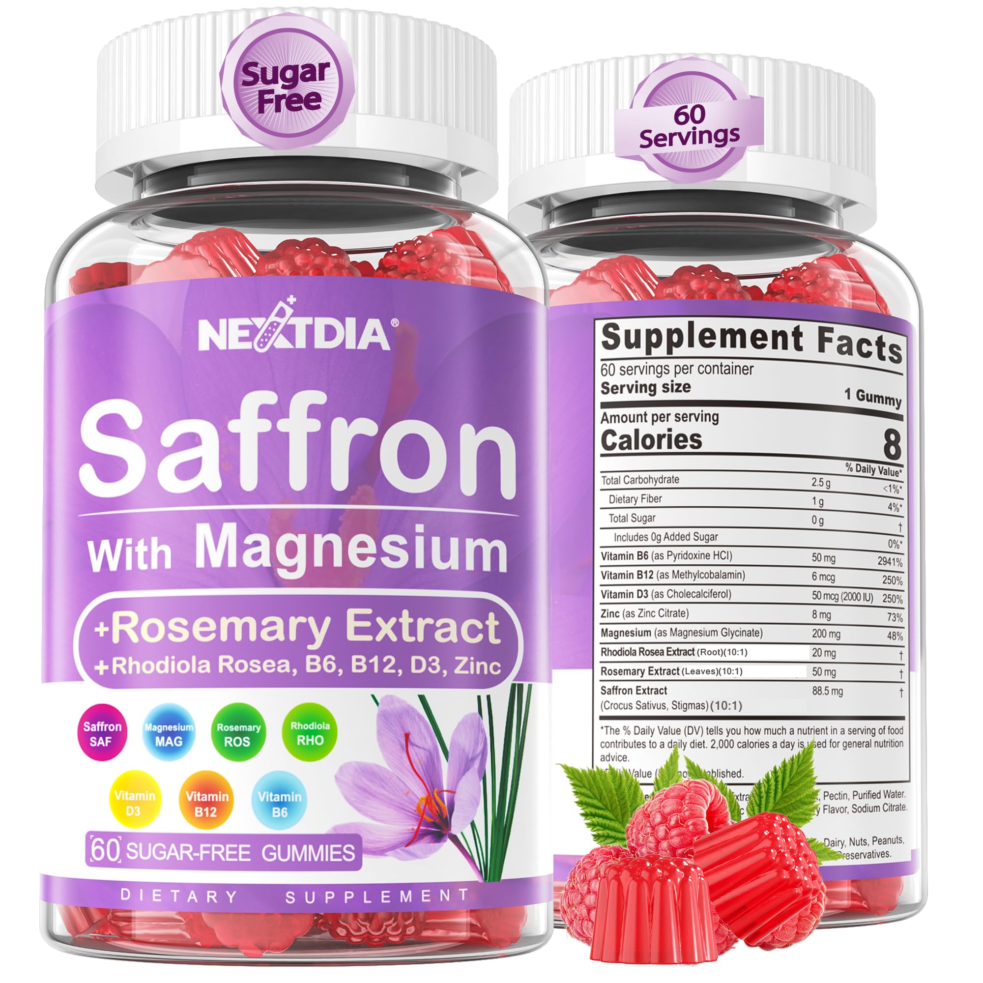 Nextdia envase frontal de Saffron Gummies mostrando la marca y beneficio calmante