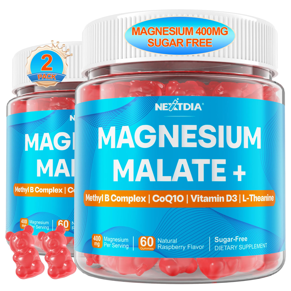 Nextdia paquete frontal del Magnesium Malate para identificar producto y beneficios