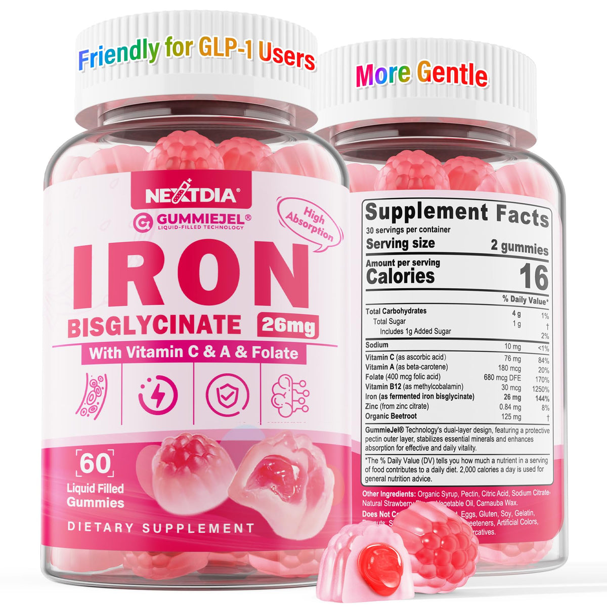 Nextdia empaque frontal mostrando gominolas y beneficios del hierro