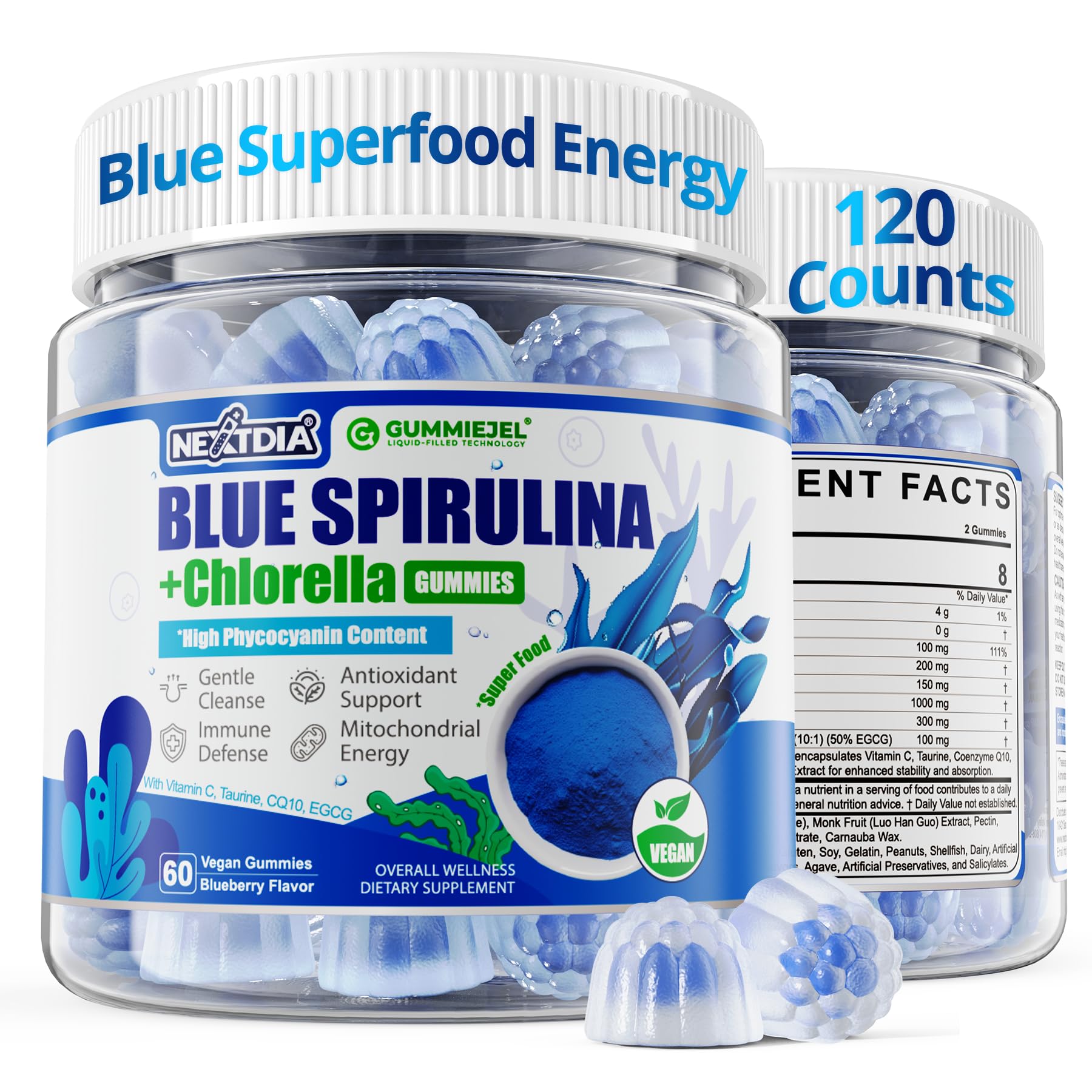 Nextdia envase frontal de espirulina azul con información clara