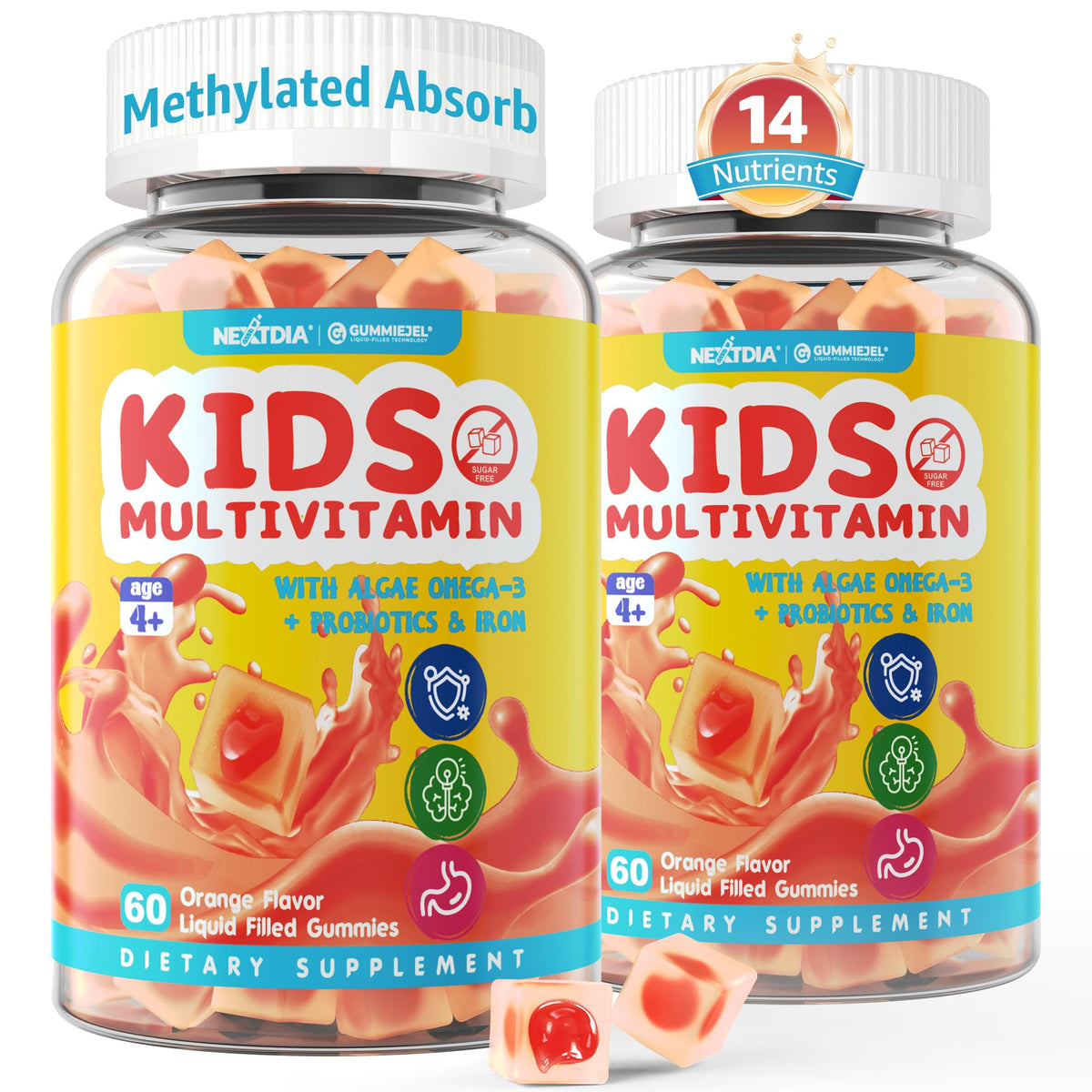 Nextdia envase frontal de gomitas infantiles que muestra tamaño y diseño