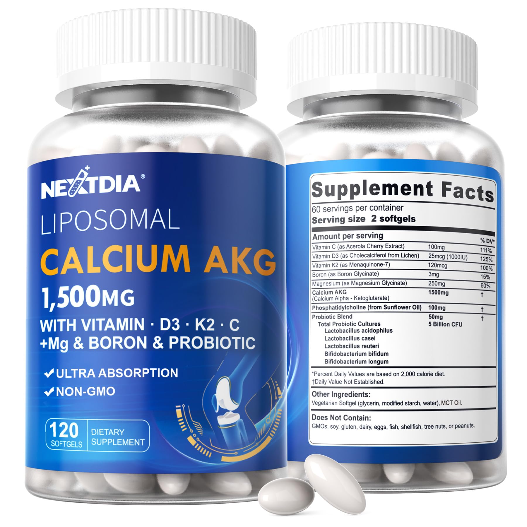 Nextdia frontal del envase mostrando 240 softgels y beneficios de absorción