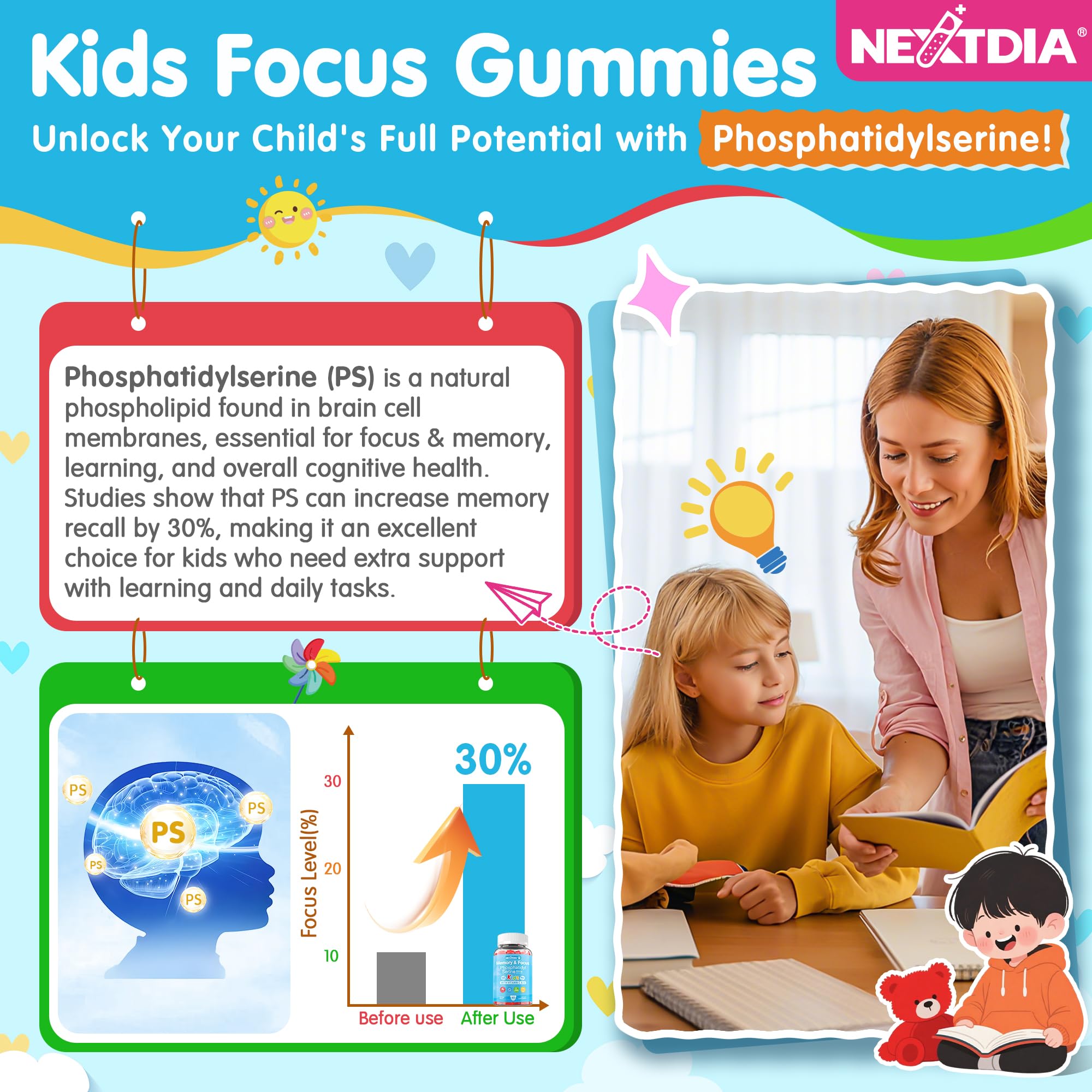 Nextdia gomita en la mano para mostrar tamaño y dosis amigable para niños