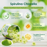Nextdia acercamiento muestra polvo de spirulina y chlorella junto a gomita