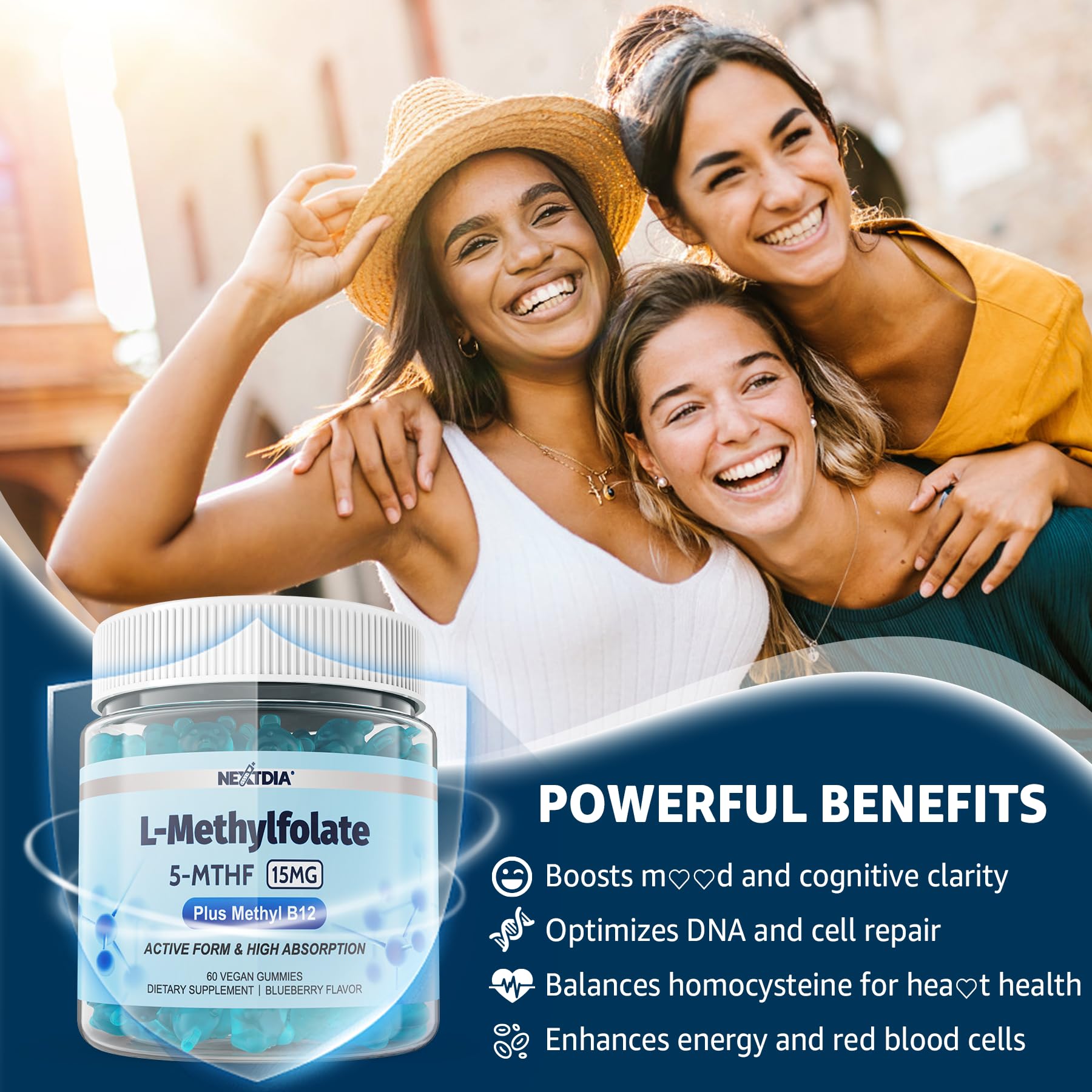 Nextdia etiqueta con lista de ingredientes activos y ventajas de absorción