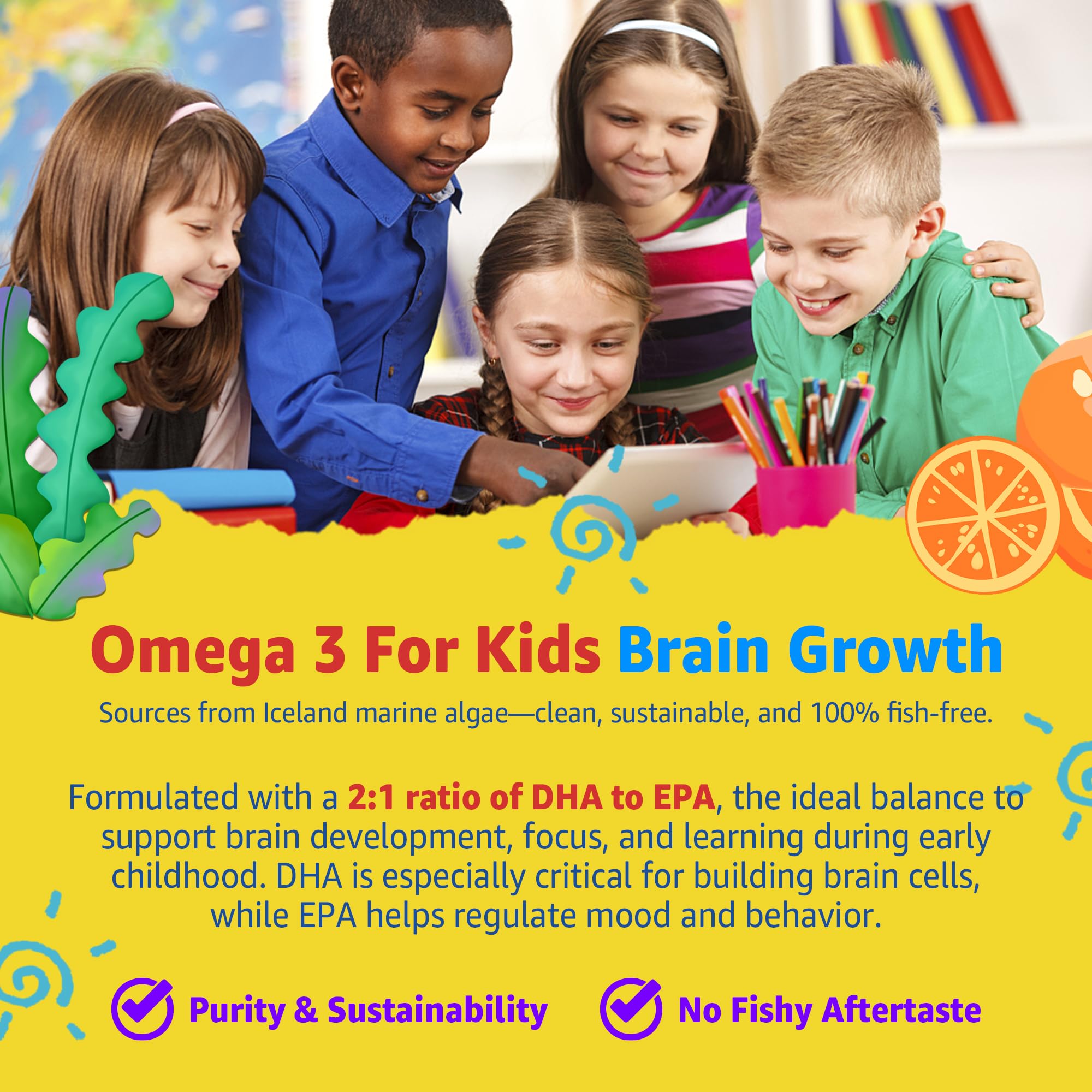 Nextdia omega‑3 de algas ilustrado cerca del frasco, apoyo cerebral natural