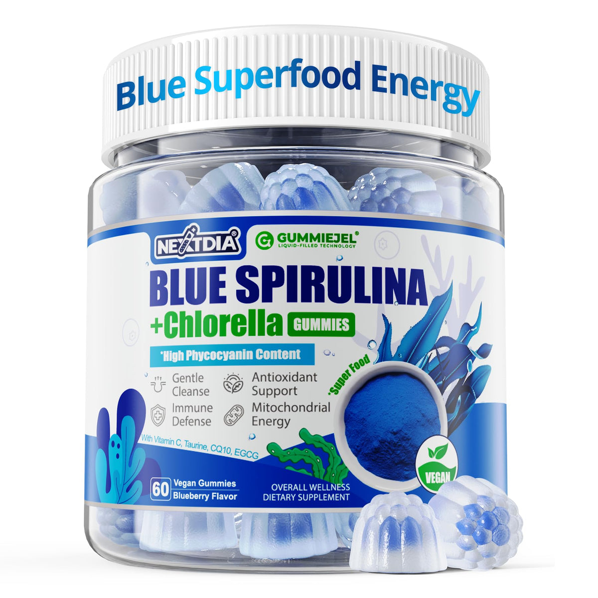 Nextdia frontal del envase mostrando mezcla de spirulina azul y diseño atractivo