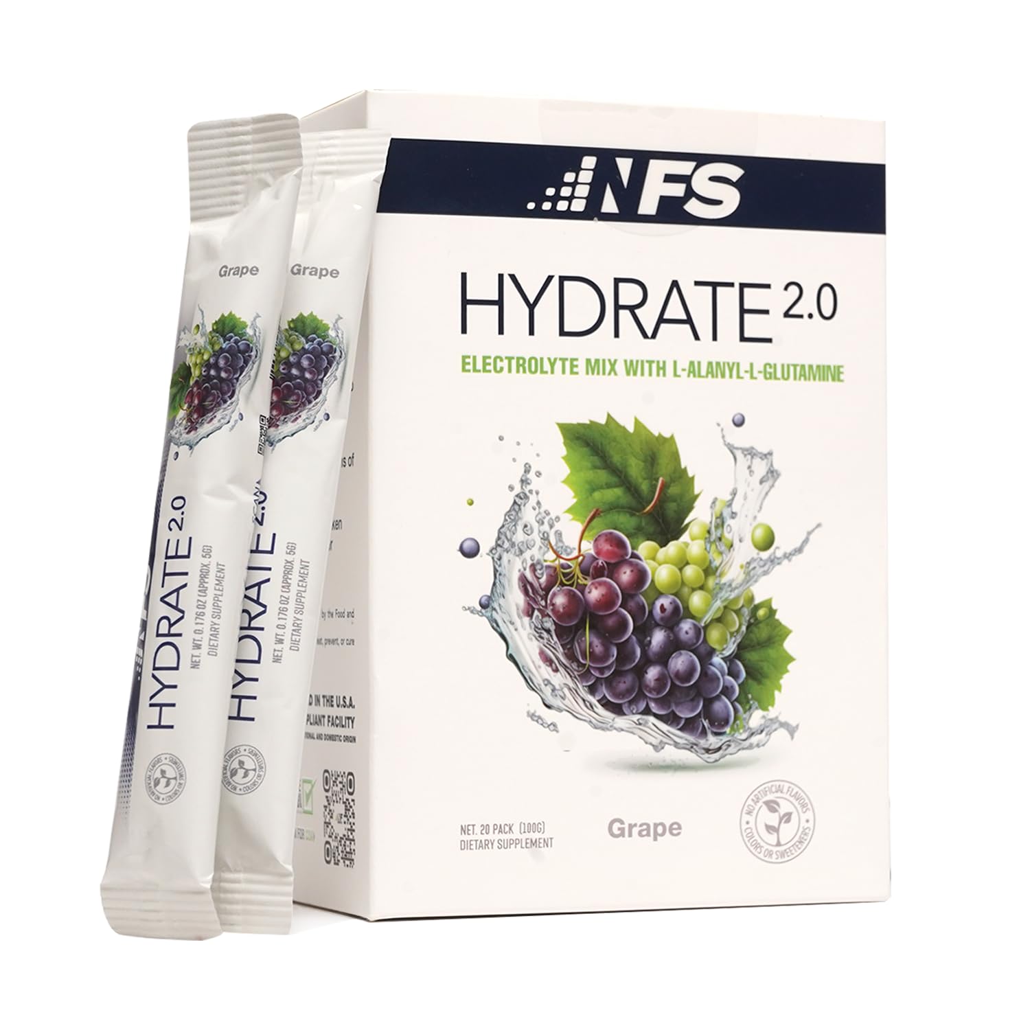 NF Sports caja frontal de Hydrate 2.0 uva mostrando 20 sobres, práctico para transporte