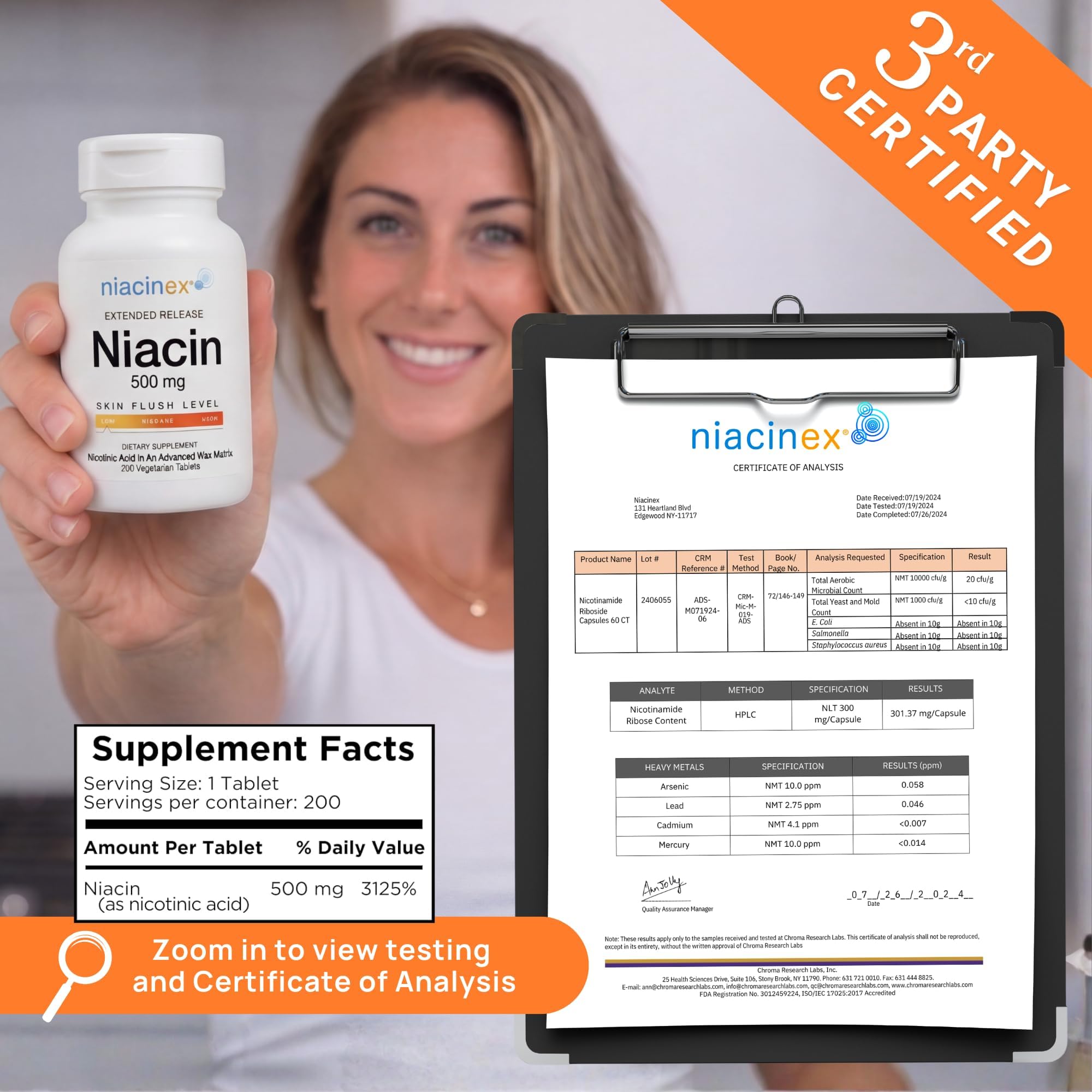 Niacinex etiqueta con información nutricional y certificado de laboratorio visible