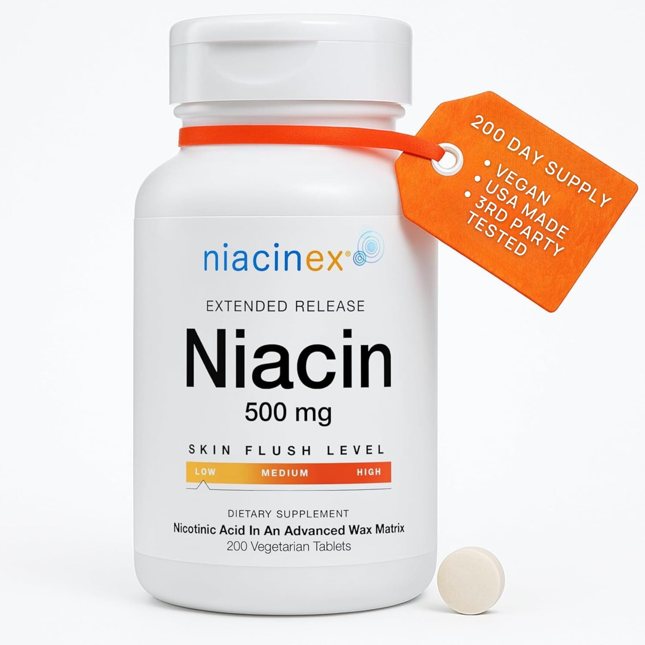 Niacinex frente del envase mostrando 200 tabletas y beneficios de liberación prolongada