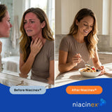 Niacinex tabletas en la palma de la mano para comparar tamaño y dosificación