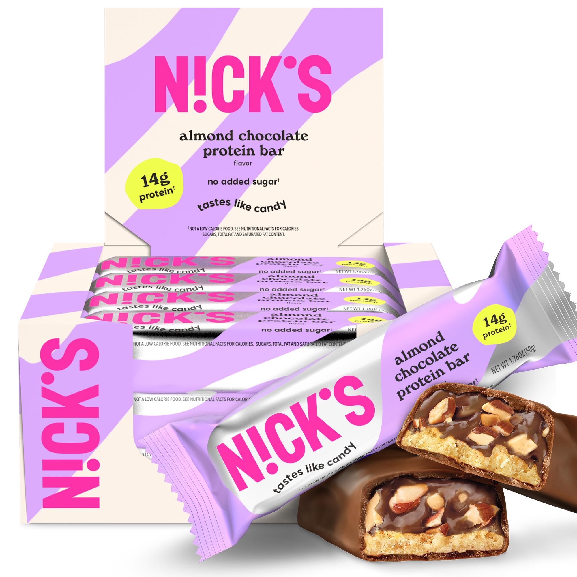 N!CK'S empaque frontal de Almond Chocolate mostrando caja de 12 barras y conveniencia