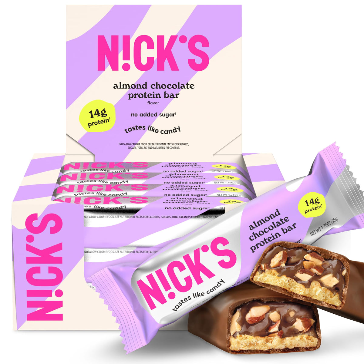 N!CK'S empaque frontal de Almond Chocolate mostrando caja de 12 barras y conveniencia