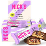 N!CK'S empaque frontal de Almond Chocolate mostrando caja de 12 barras y conveniencia