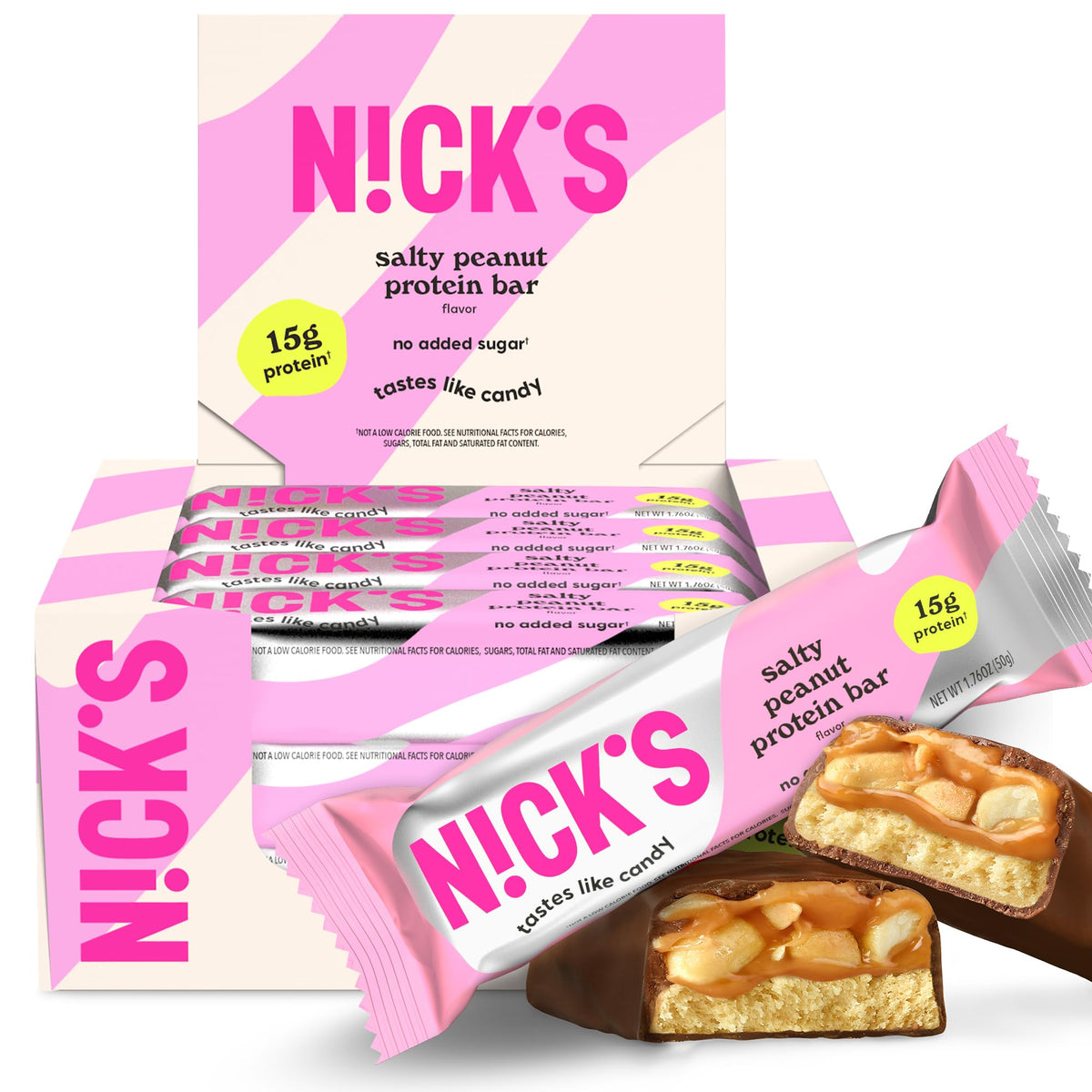 N!CK'S caja frontal mostrando 12 barras, conveniencia para llevar