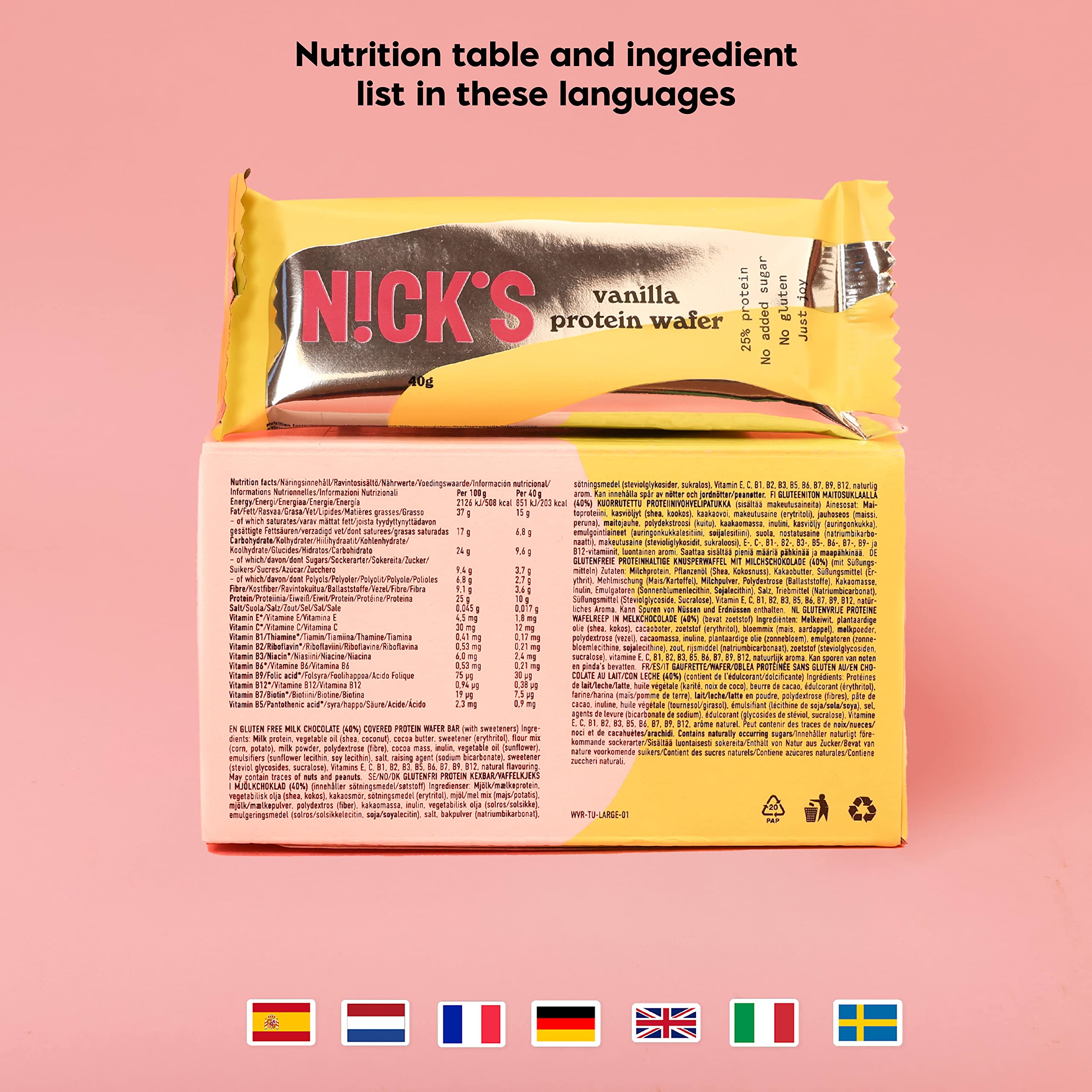 N!CK'S etiqueta nutricional en primer plano mostrando 10 g proteína y 203 kcal
