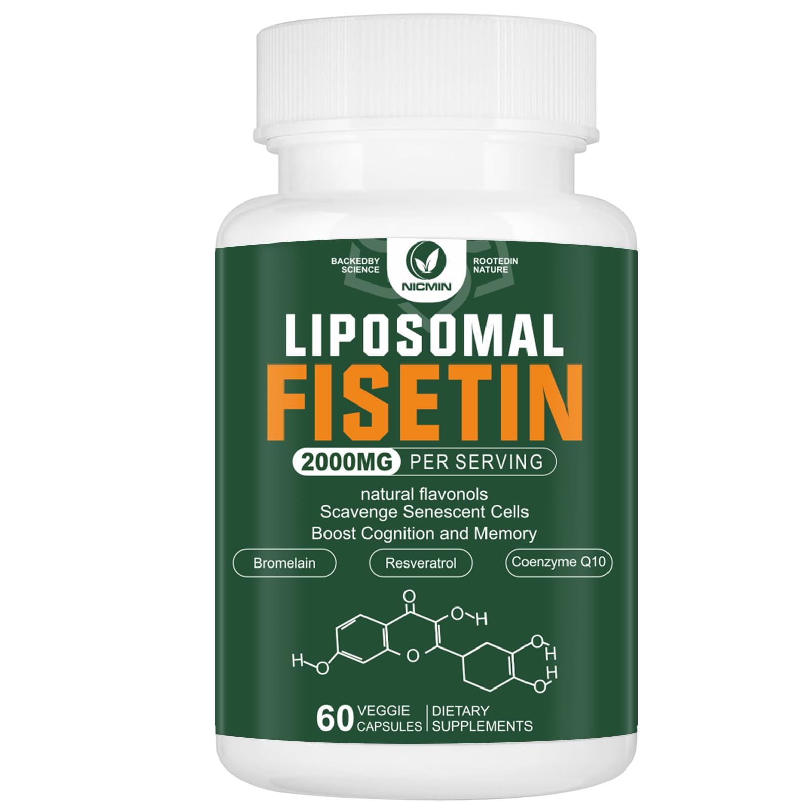 NICMIN envase frontal del suplemento liposomal fisetina mostrando pureza y beneficios