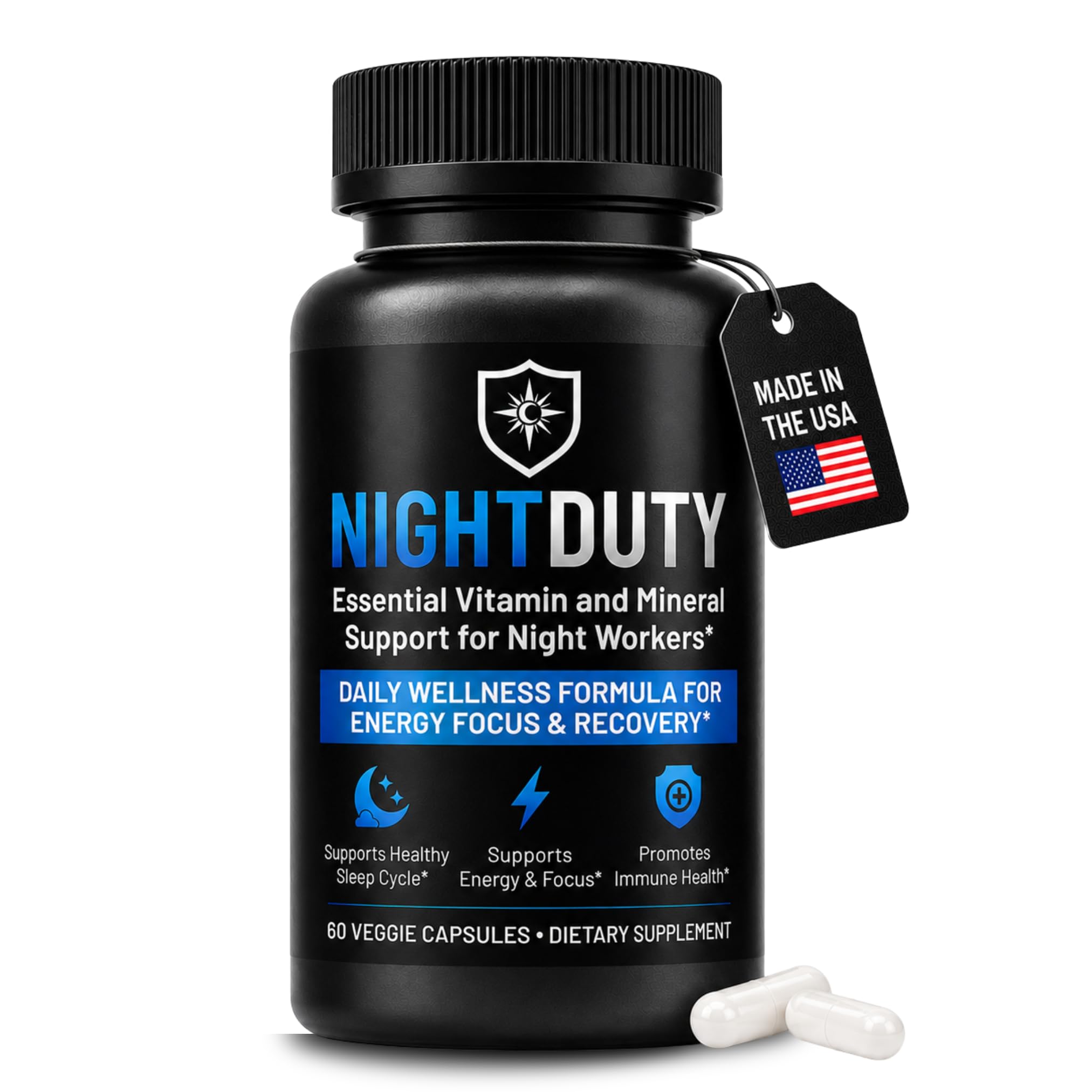 NIGHTDUTY frente del envase mostrando 60 cápsulas y beneficios visibles
