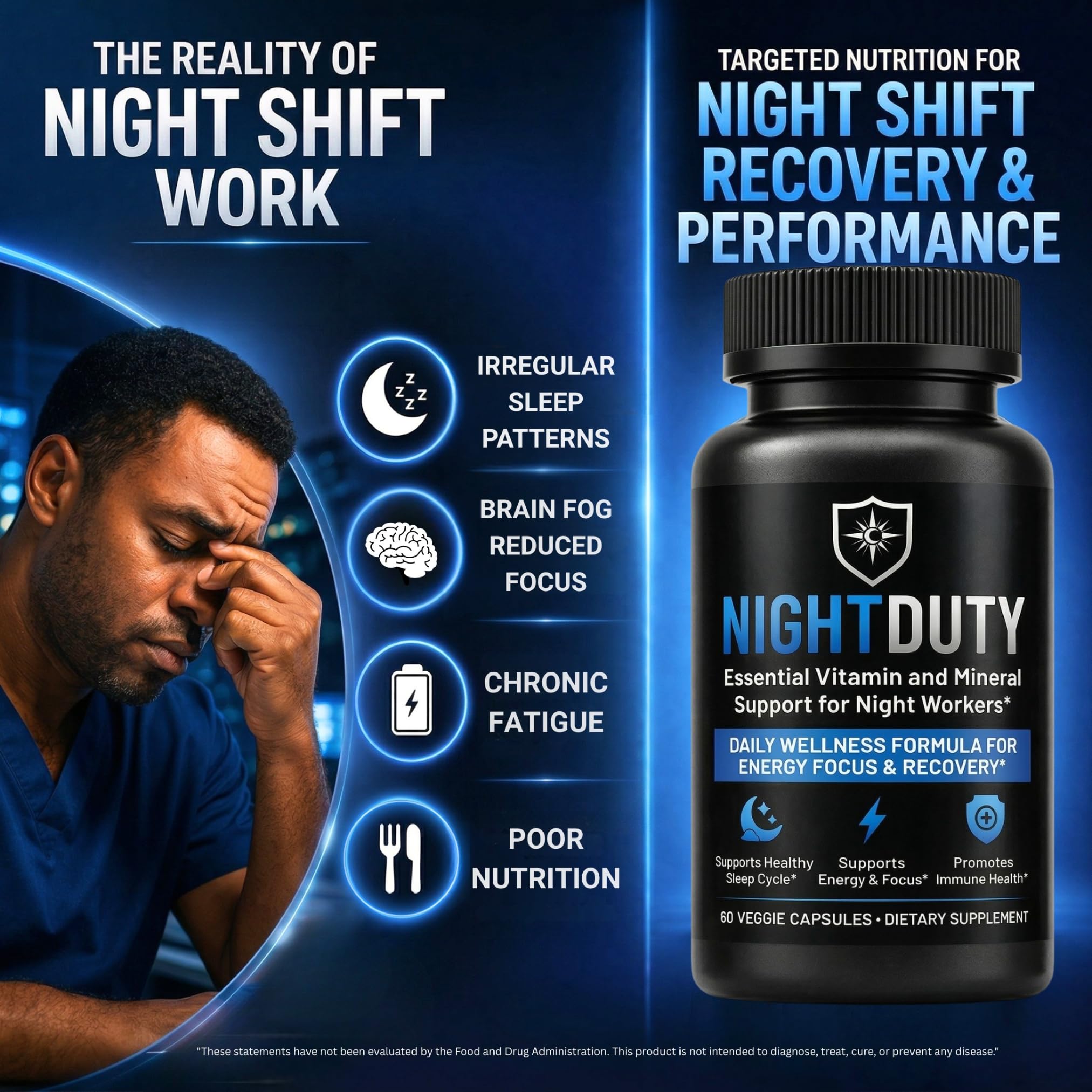 NIGHTDUTY ingredientes clave B12, B6, magnesio y vitamina D3 para equilibrio