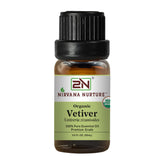 Nirvana Nurture frasco frontal de vetiver mostrando etiqueta clara y pureza