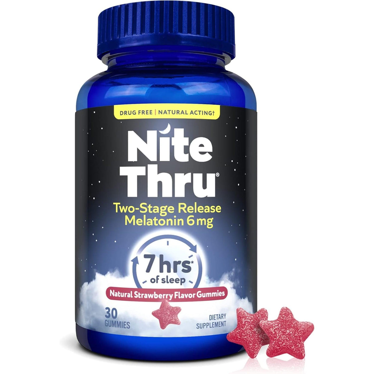Nite Thru frente del envase mostrando 30 gomitas y beneficios claros