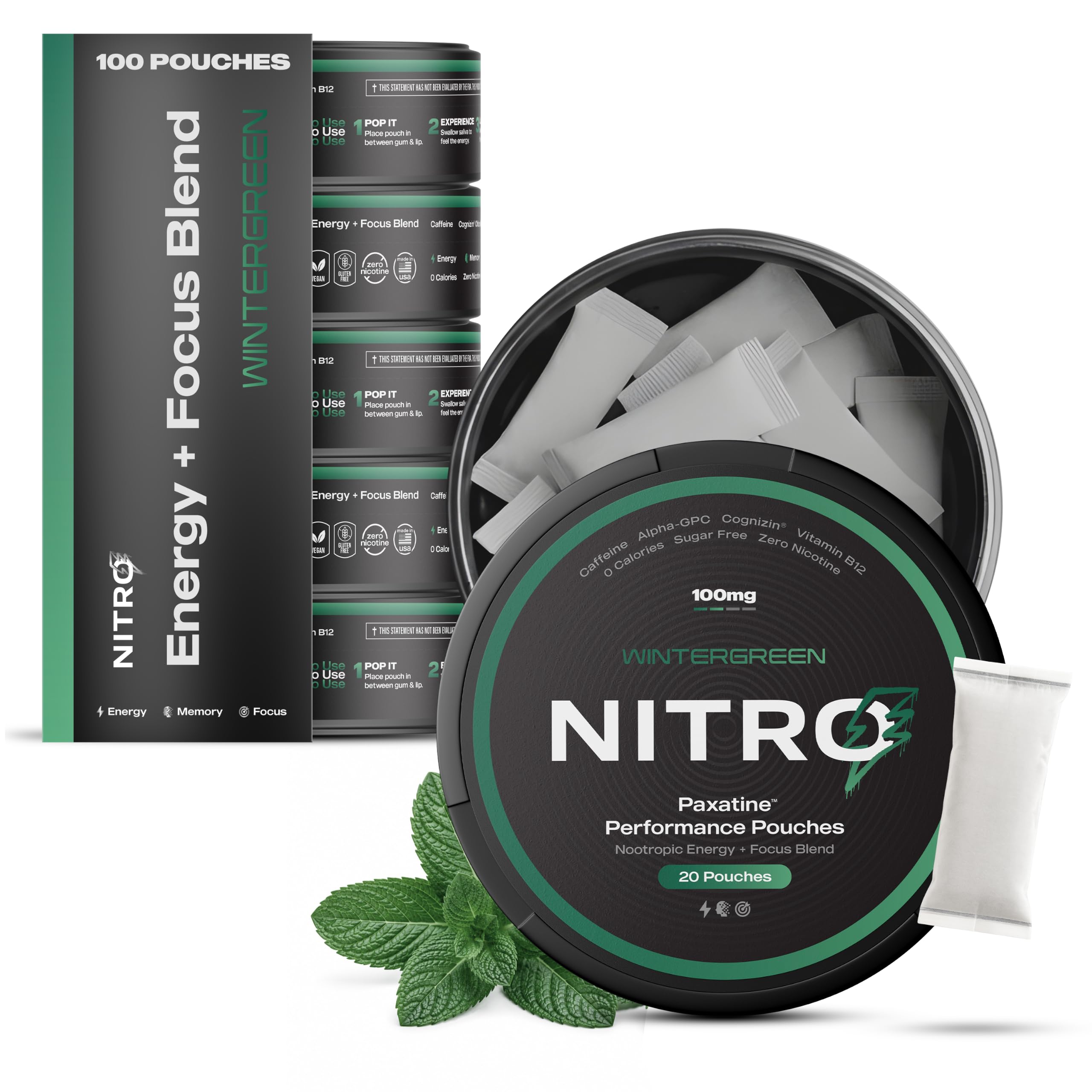 Nitro Pouches vista frontal de la lata mostrando diseño y beneficio práctico