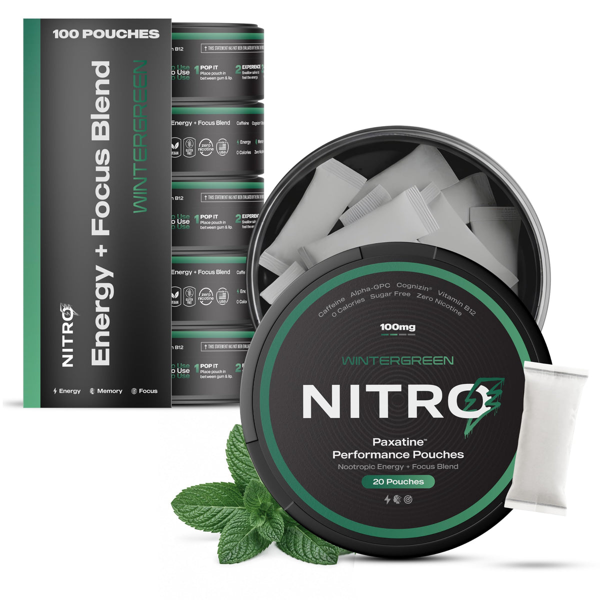Nitro Pouches vista frontal de la lata mostrando diseño y beneficio práctico