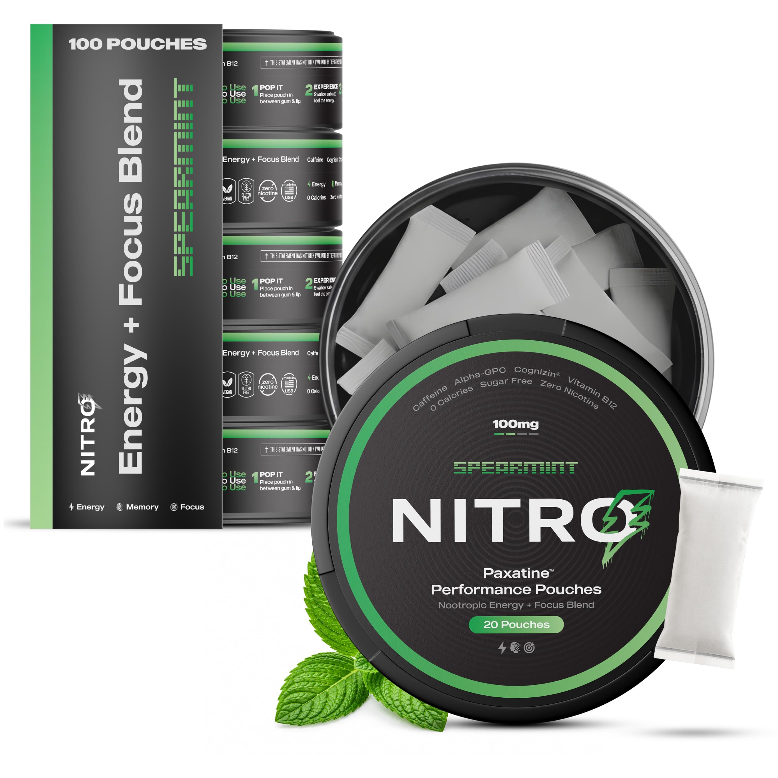 Nitro Pouches lata frontal mostrando diseño y beneficio portátil