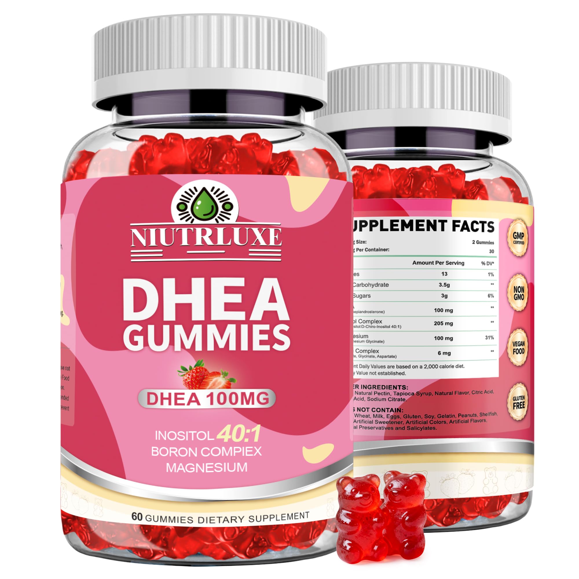 NIUTRLUXE frasco frontal que muestra DHEA Gummies y formato vegano