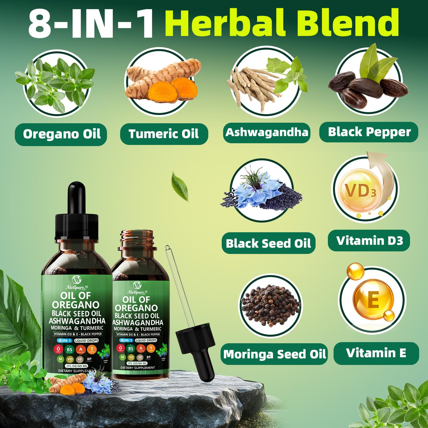Nivltpure collage de orégano, semilla negra y cúrcuma destacando origen botánico