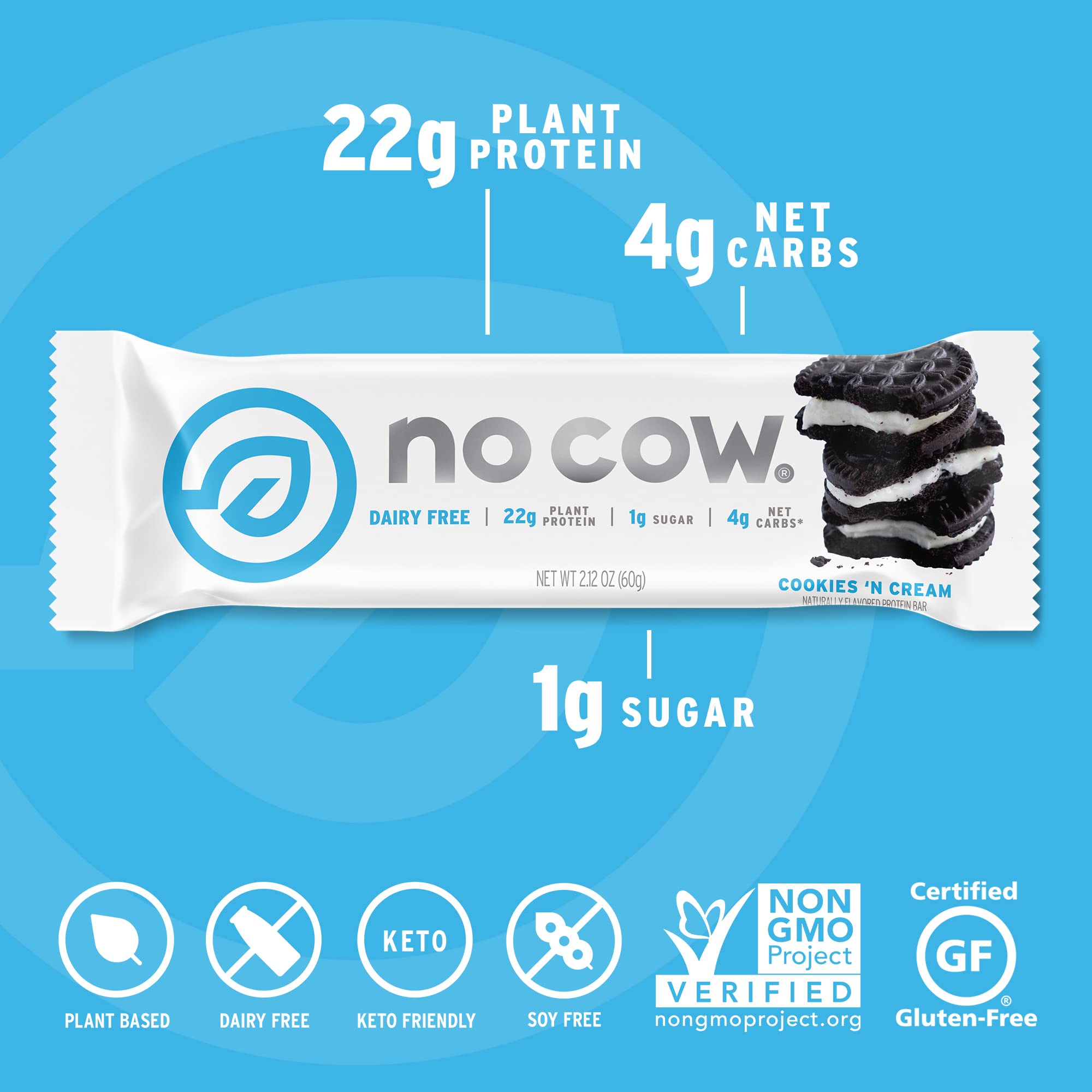 No Cow primer plano de textura crujiente con trozos de galleta y cobertura cremosa