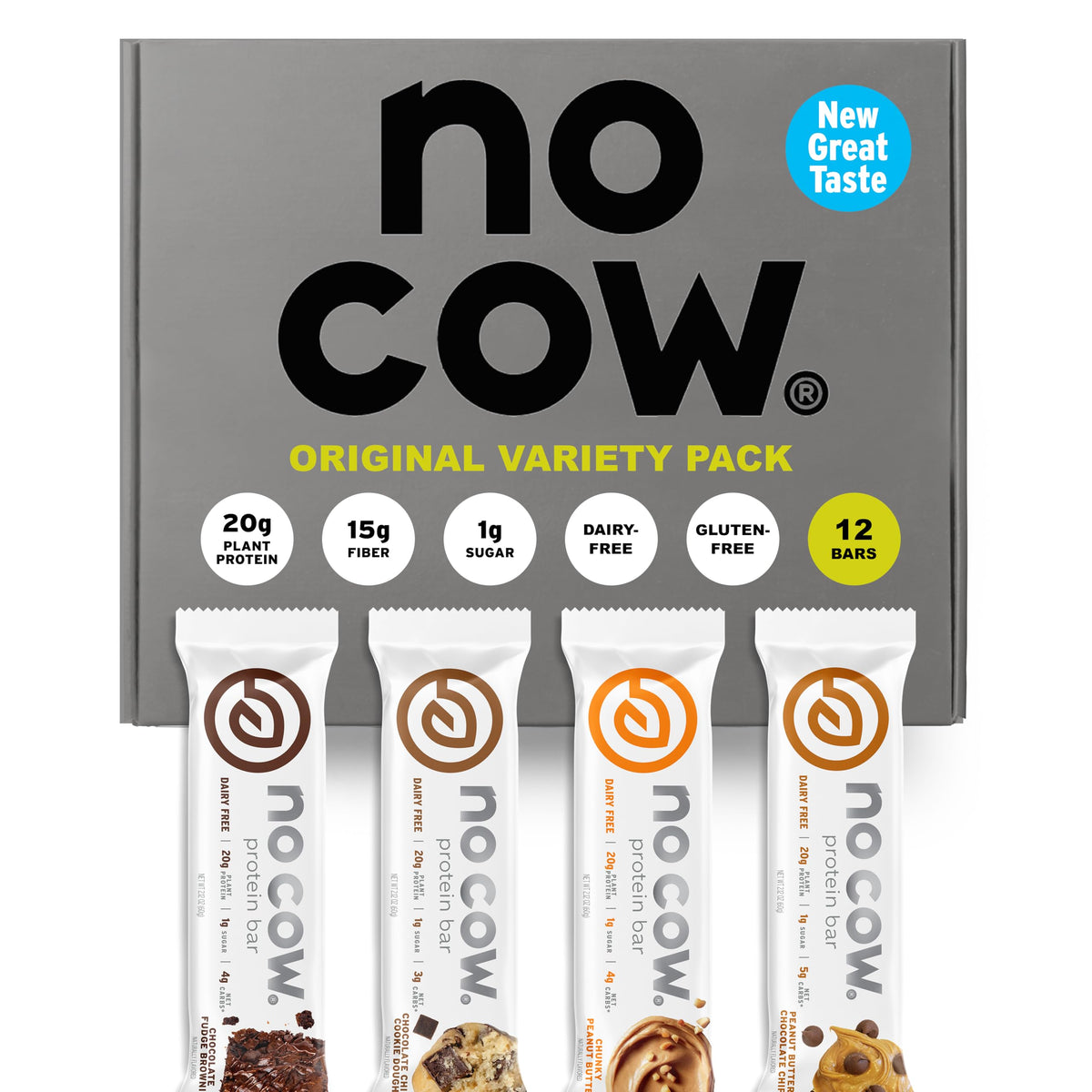 No Cow empaque frontal mostrando pack de 12 barras y beneficio de proteína vegetal