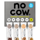 No Cow empaque frontal mostrando pack de 12 barras y beneficio de proteína vegetal