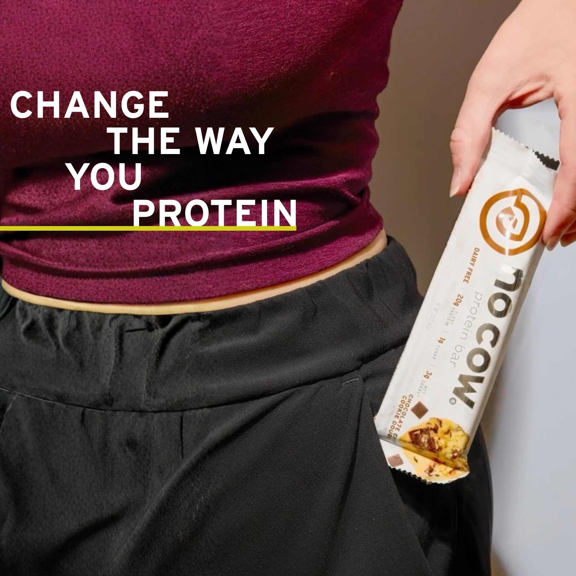 No Cow etiqueta nutricional destacando 20 g proteína y 1 g azúcar