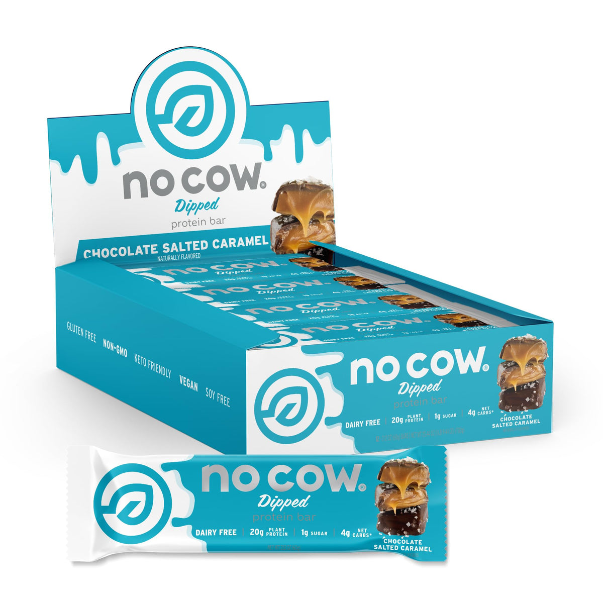 No Cow empaque frontal chocolate caramelo mostrando marca y tamaño práctico