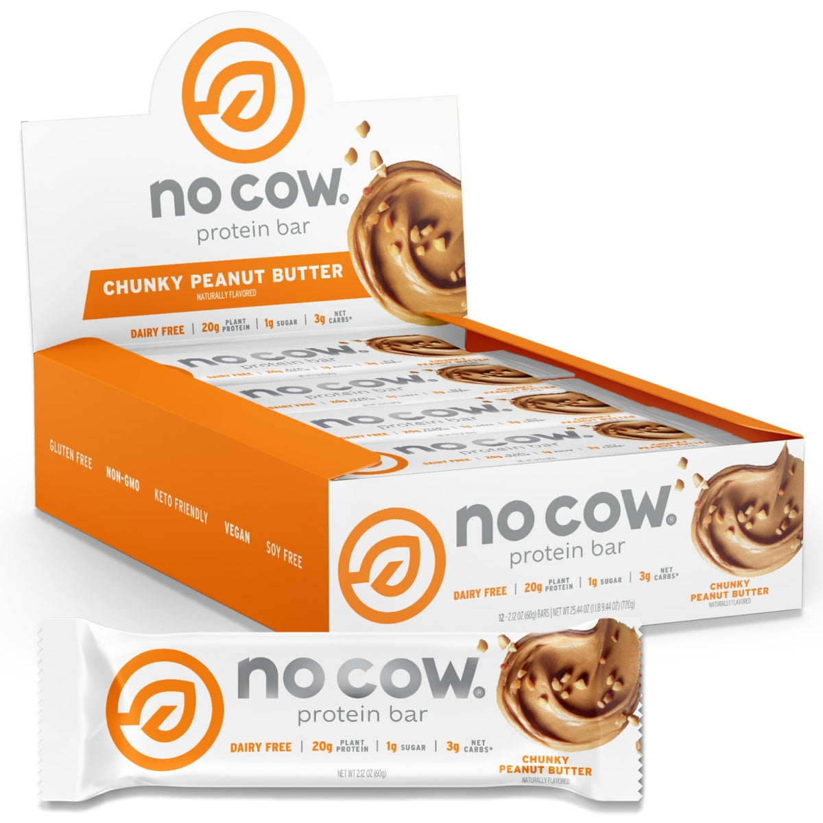 No Cow empaque frontal Chunky Peanut Butter mostrando beneficios y sabor