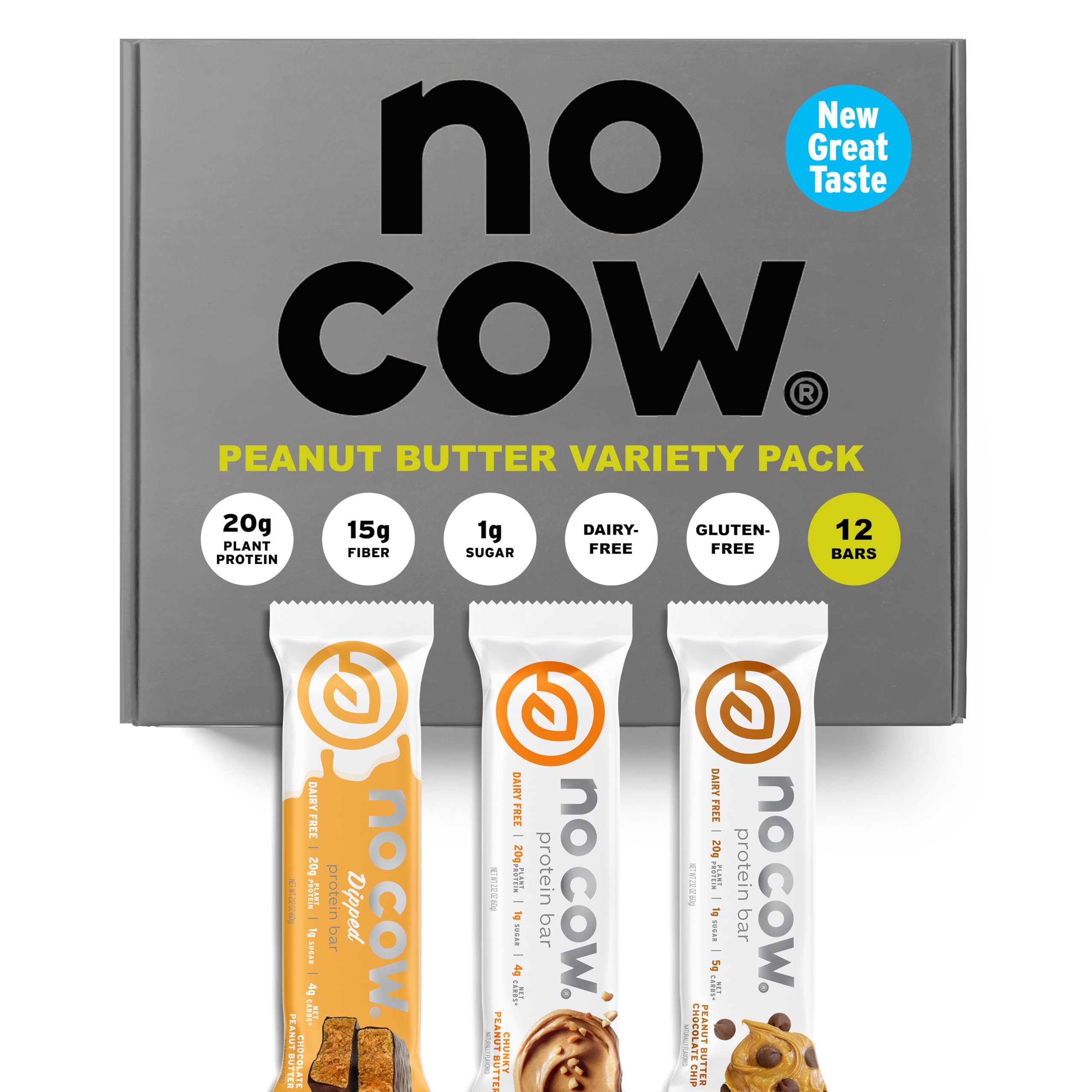 No Cow frontal del pack Peanut Butter mostrando el diseño y beneficios visibles