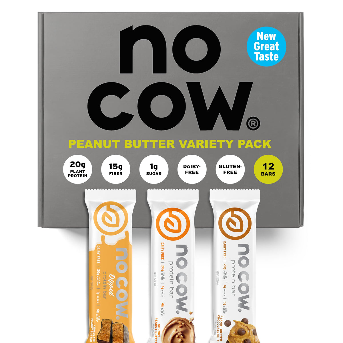 No Cow frontal del pack Peanut Butter mostrando el diseño y beneficios visibles
