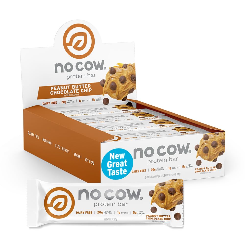 No Cow paquete frontal mostrando 12 barritas, ideal para plan de snacks saludables