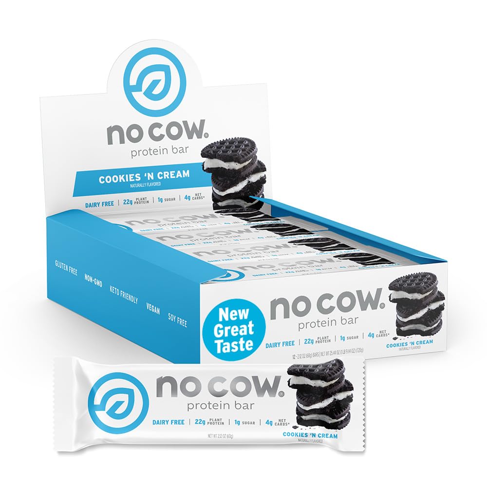No Cow empaque frontal mostrando caja de 12 barras con beneficio de 20 g proteína