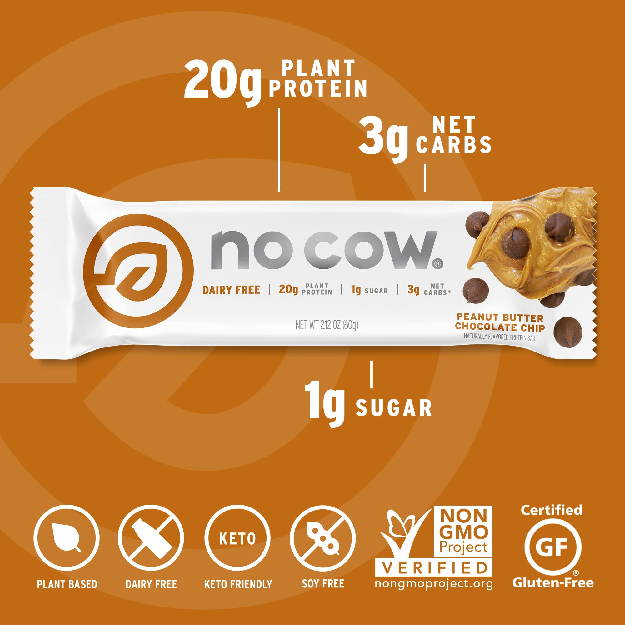 No Cow corte de barrita mostrando textura cremosa y trozos de chocolate, sabor real