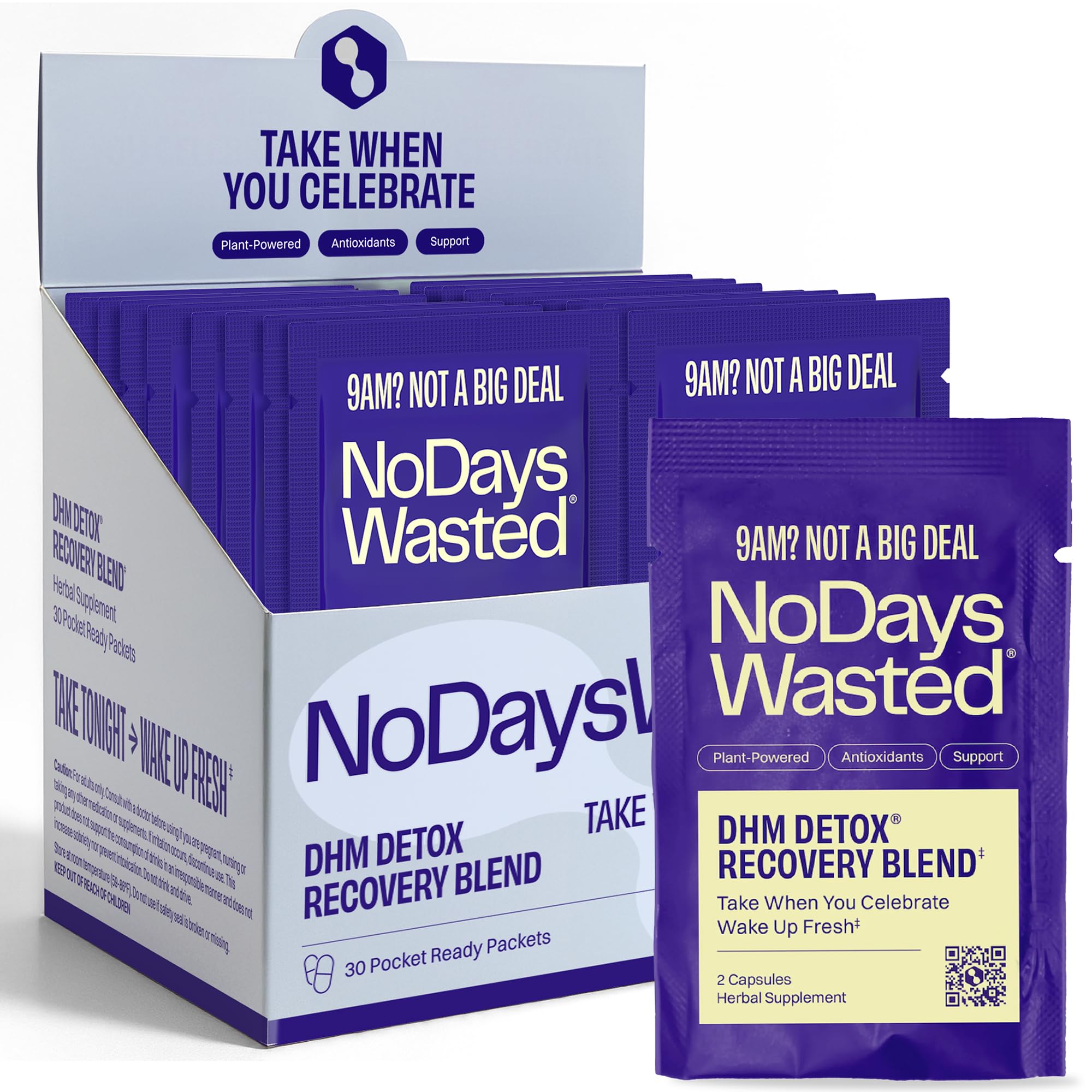 No Days Wasted frente del empaque mostrando etiquetas claras y beneficios
