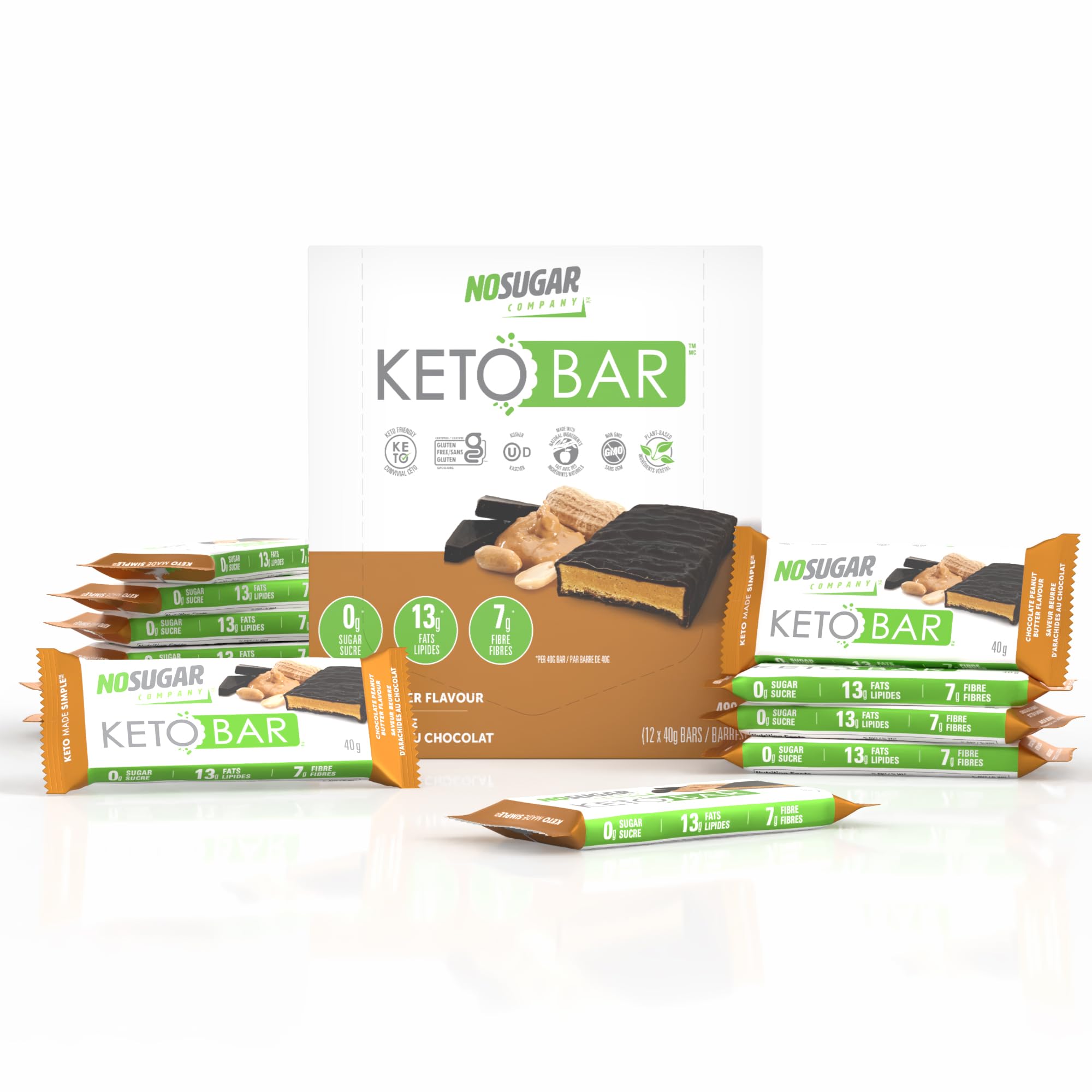 No Sugar Company frente del empaque keto bar, práctico y bajo en carbohidratos