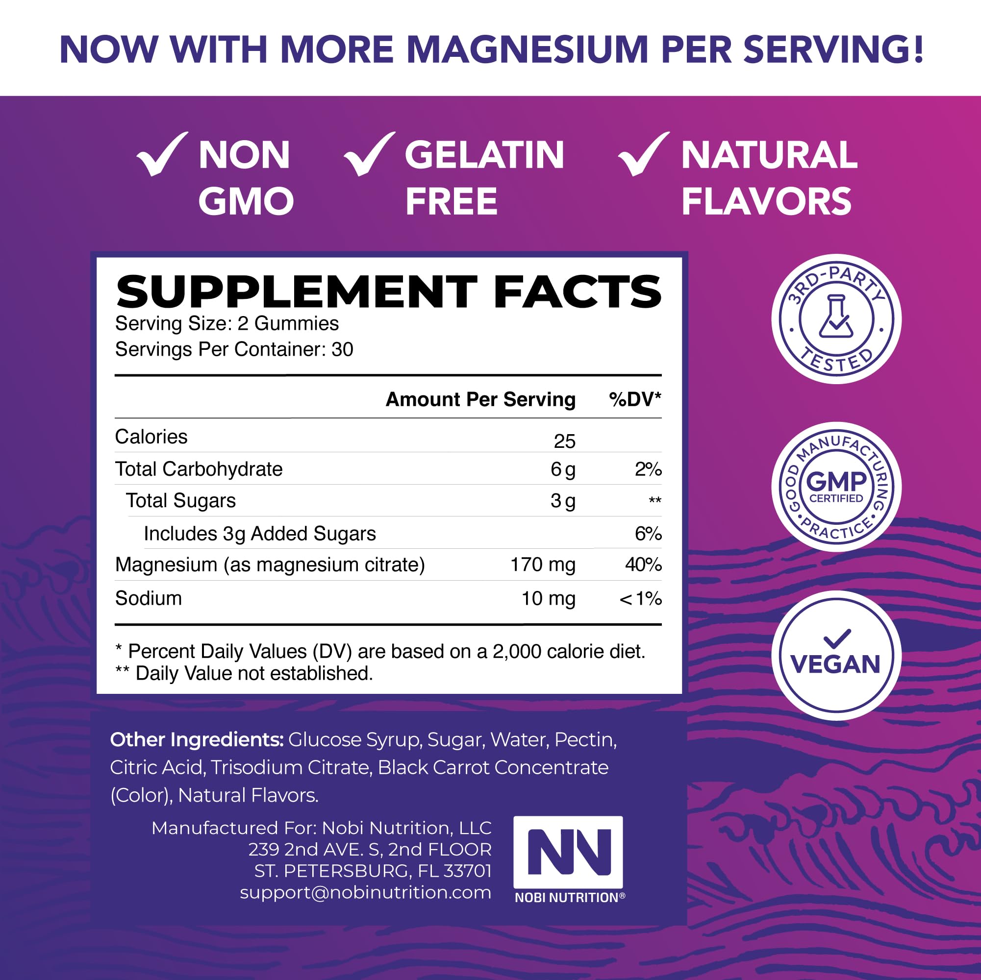 Nobi Nutrition etiqueta con información de dosis y certificados visibles