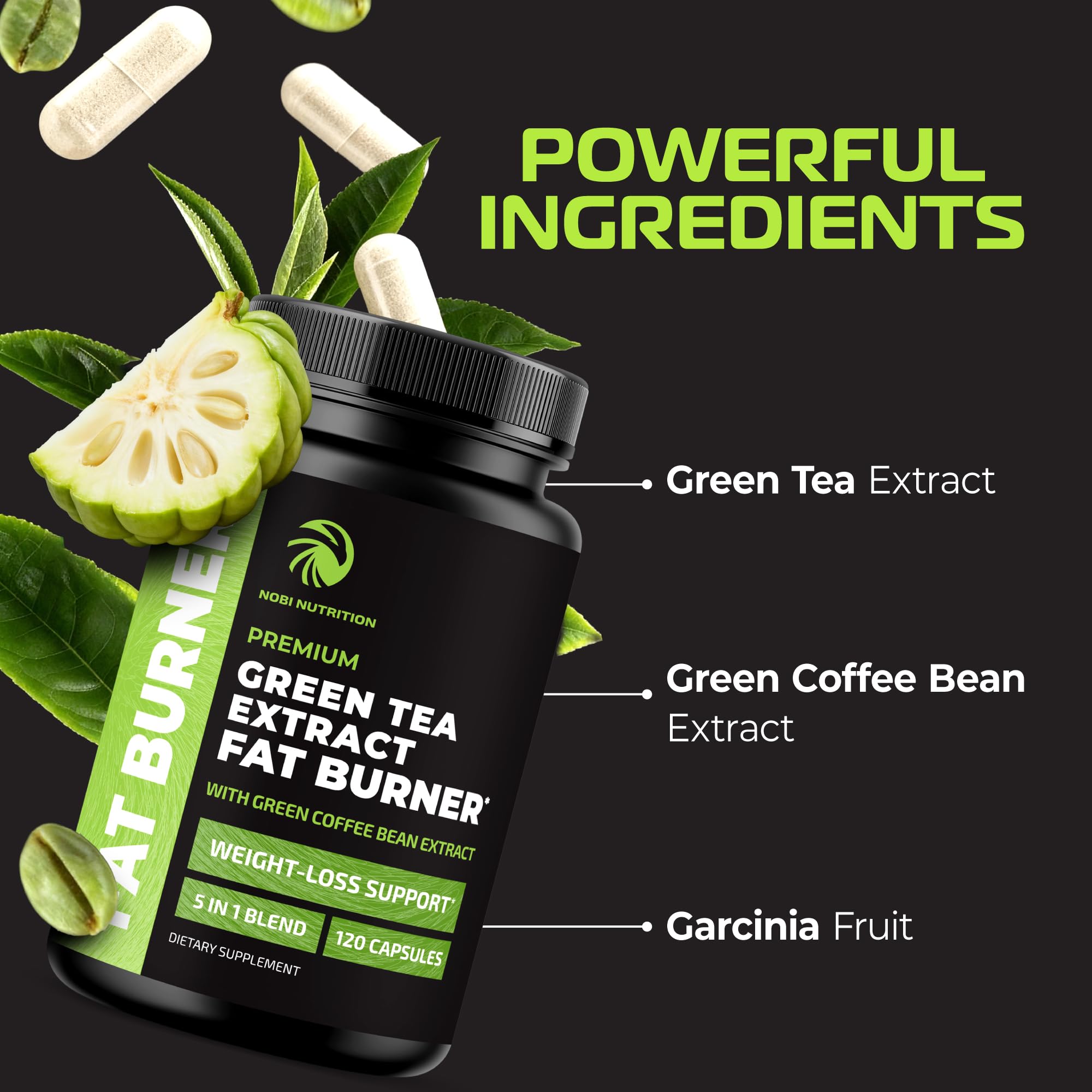 Nobi Nutrition ingredientes: té verde, café verde y garcinia mostrando pureza