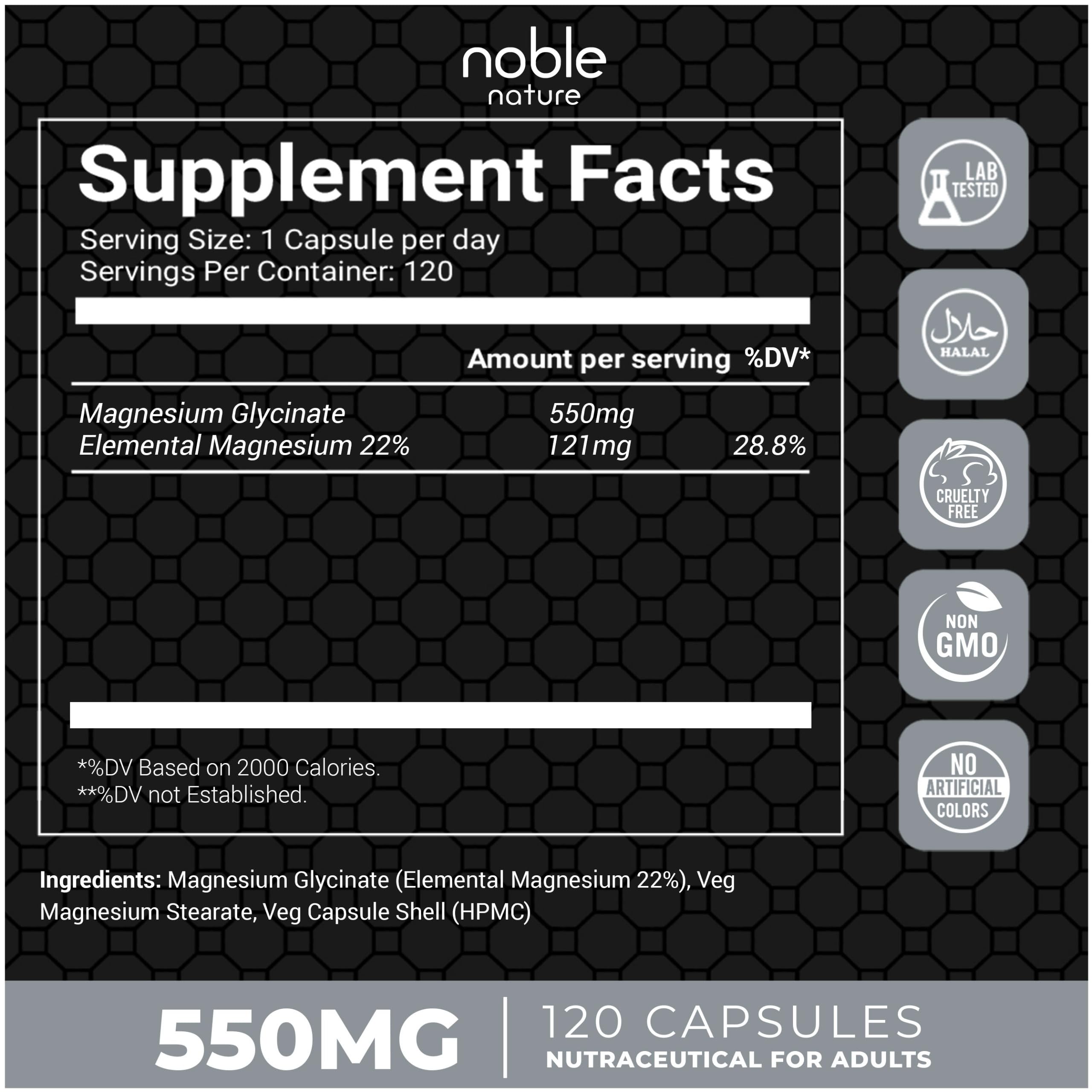 Noble Nature etiqueta con información de 550 mg y garantías de calidad