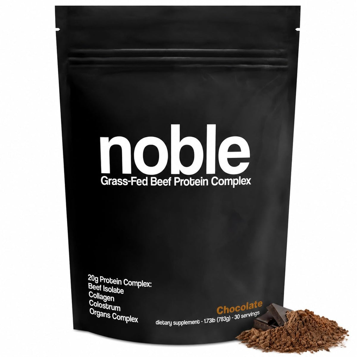 Noble Origins envase frontal mostrando etiqueta de chocolate y beneficios