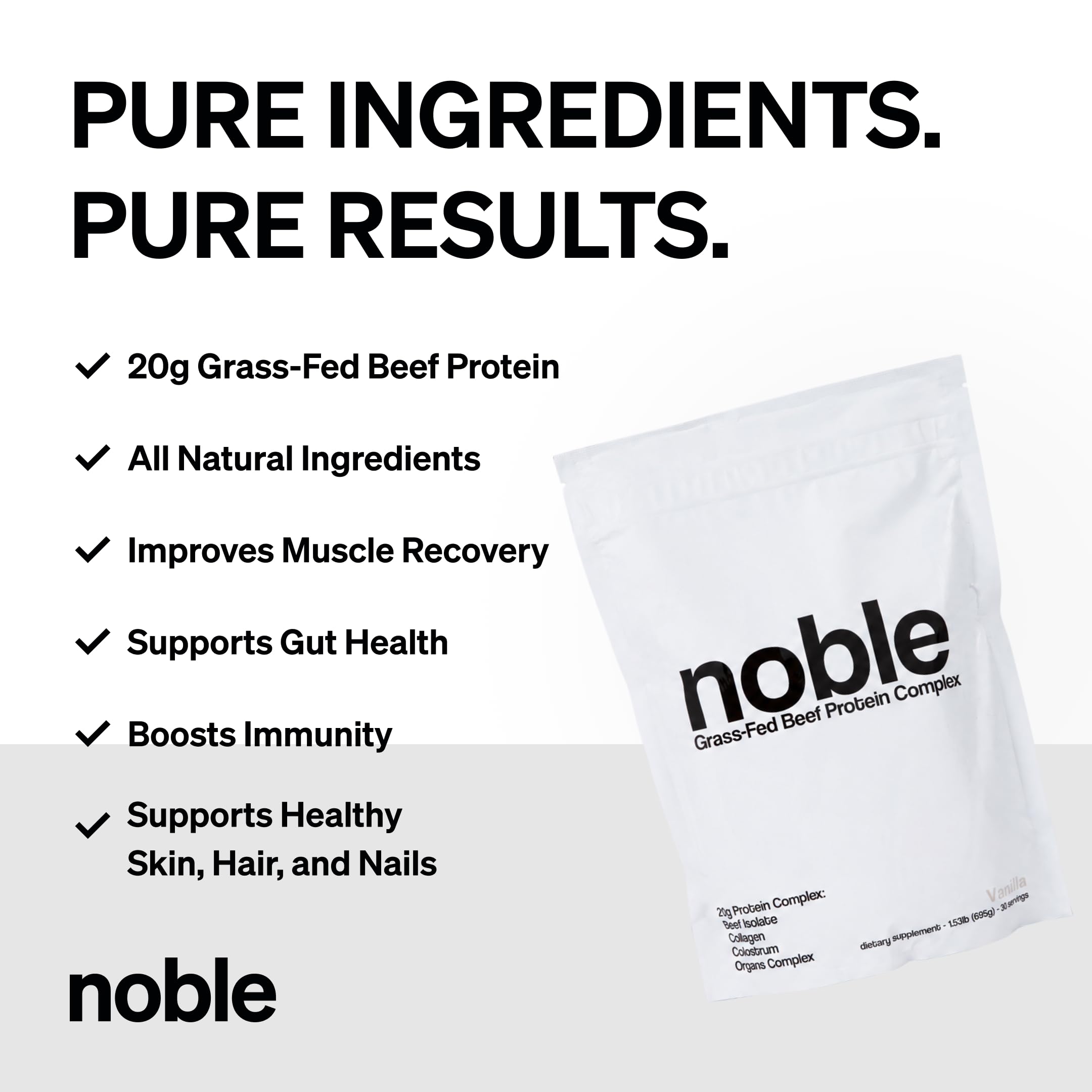 Noble Origins mezcla de órganos y colostro ingredientes nutritivos visibles